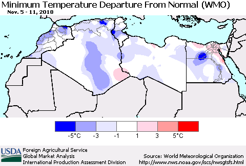 North Africa Mean Minimum Temperature Departure from Normal (WMO) Thematic Map For 11/5/2018 - 11/11/2018
