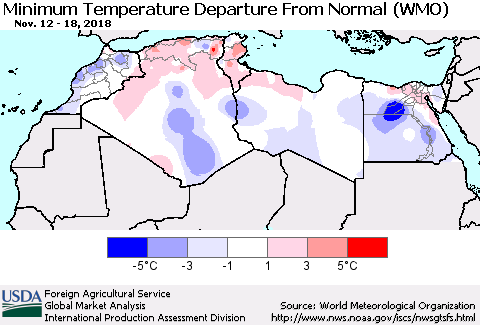 North Africa Mean Minimum Temperature Departure from Normal (WMO) Thematic Map For 11/12/2018 - 11/18/2018