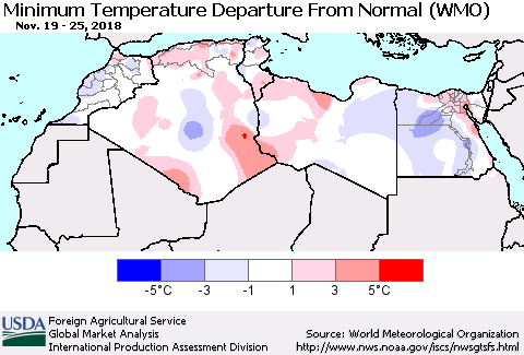 North Africa Mean Minimum Temperature Departure from Normal (WMO) Thematic Map For 11/19/2018 - 11/25/2018