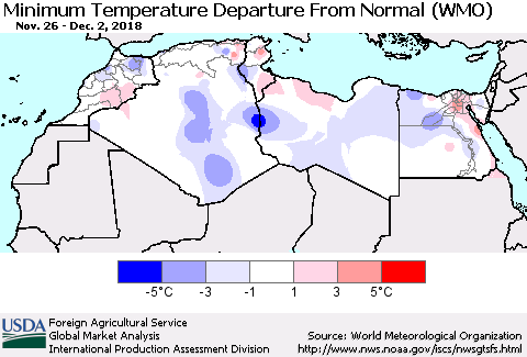 North Africa Mean Minimum Temperature Departure from Normal (WMO) Thematic Map For 11/26/2018 - 12/2/2018