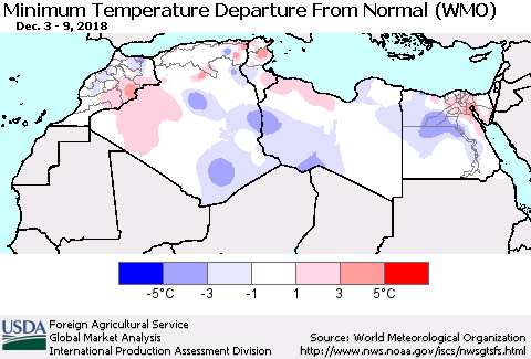 North Africa Mean Minimum Temperature Departure from Normal (WMO) Thematic Map For 12/3/2018 - 12/9/2018