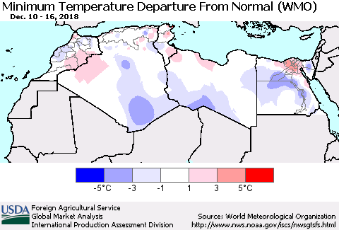 North Africa Mean Minimum Temperature Departure from Normal (WMO) Thematic Map For 12/10/2018 - 12/16/2018