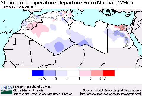 North Africa Mean Minimum Temperature Departure from Normal (WMO) Thematic Map For 12/17/2018 - 12/23/2018