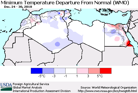 North Africa Mean Minimum Temperature Departure from Normal (WMO) Thematic Map For 12/24/2018 - 12/30/2018