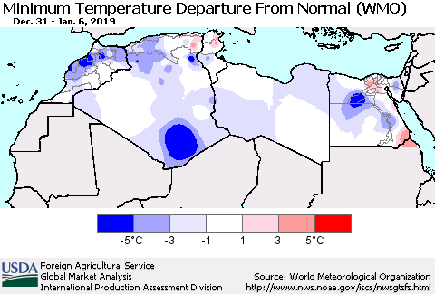 North Africa Mean Minimum Temperature Departure from Normal (WMO) Thematic Map For 12/31/2018 - 1/6/2019