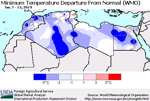 North Africa Mean Minimum Temperature Departure from Normal (WMO) Thematic Map For 1/7/2019 - 1/13/2019