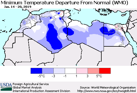 North Africa Mean Minimum Temperature Departure from Normal (WMO) Thematic Map For 1/14/2019 - 1/20/2019