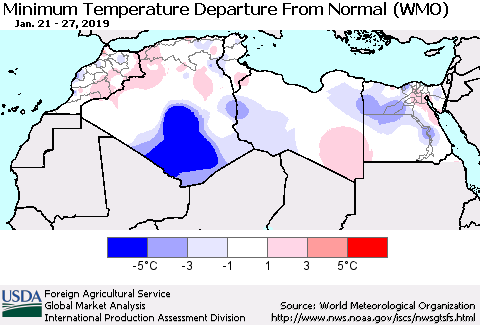 North Africa Mean Minimum Temperature Departure from Normal (WMO) Thematic Map For 1/21/2019 - 1/27/2019