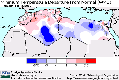 North Africa Mean Minimum Temperature Departure from Normal (WMO) Thematic Map For 1/28/2019 - 2/3/2019