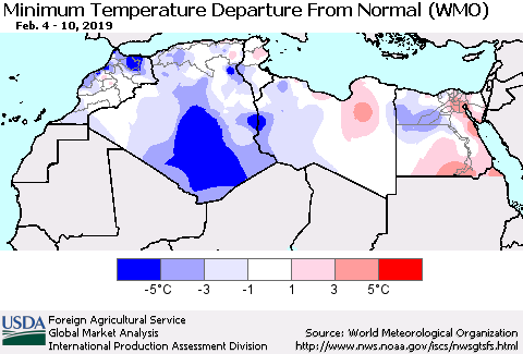 North Africa Mean Minimum Temperature Departure from Normal (WMO) Thematic Map For 2/4/2019 - 2/10/2019
