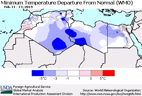 North Africa Mean Minimum Temperature Departure from Normal (WMO) Thematic Map For 2/11/2019 - 2/17/2019