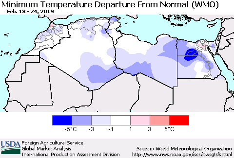 North Africa Mean Minimum Temperature Departure from Normal (WMO) Thematic Map For 2/18/2019 - 2/24/2019