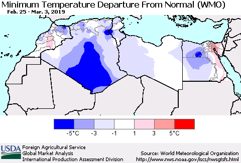 North Africa Mean Minimum Temperature Departure from Normal (WMO) Thematic Map For 2/25/2019 - 3/3/2019