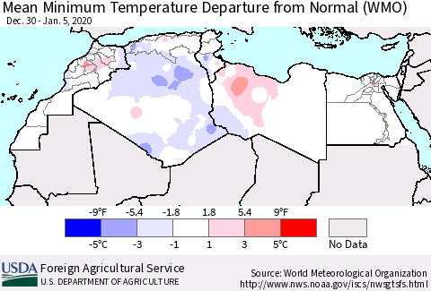 North Africa Mean Minimum Temperature Departure from Normal (WMO) Thematic Map For 12/30/2019 - 1/5/2020