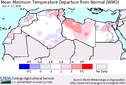 North Africa Mean Minimum Temperature Departure from Normal (WMO) Thematic Map For 1/6/2020 - 1/12/2020