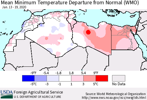 North Africa Mean Minimum Temperature Departure from Normal (WMO) Thematic Map For 1/13/2020 - 1/19/2020
