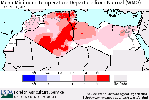 North Africa Mean Minimum Temperature Departure from Normal (WMO) Thematic Map For 1/20/2020 - 1/26/2020