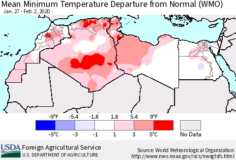 North Africa Mean Minimum Temperature Departure from Normal (WMO) Thematic Map For 1/27/2020 - 2/2/2020