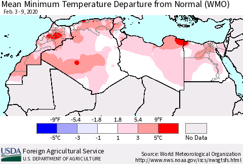 North Africa Mean Minimum Temperature Departure from Normal (WMO) Thematic Map For 2/3/2020 - 2/9/2020