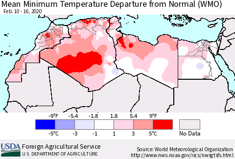 North Africa Mean Minimum Temperature Departure from Normal (WMO) Thematic Map For 2/10/2020 - 2/16/2020