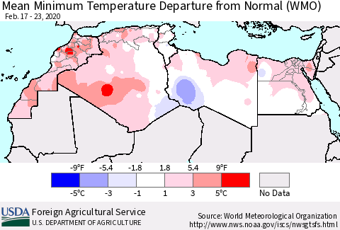 North Africa Mean Minimum Temperature Departure from Normal (WMO) Thematic Map For 2/17/2020 - 2/23/2020
