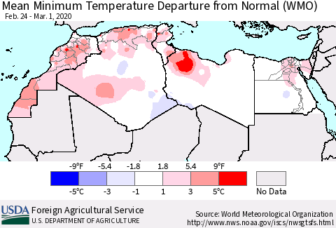 North Africa Mean Minimum Temperature Departure from Normal (WMO) Thematic Map For 2/24/2020 - 3/1/2020