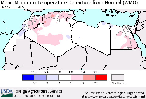 North Africa Mean Minimum Temperature Departure from Normal (WMO) Thematic Map For 3/7/2022 - 3/13/2022