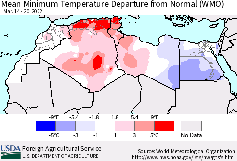 North Africa Mean Minimum Temperature Departure from Normal (WMO) Thematic Map For 3/14/2022 - 3/20/2022