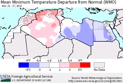 North Africa Mean Minimum Temperature Departure from Normal (WMO) Thematic Map For 3/21/2022 - 3/27/2022