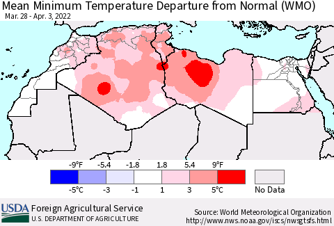 North Africa Mean Minimum Temperature Departure from Normal (WMO) Thematic Map For 3/28/2022 - 4/3/2022