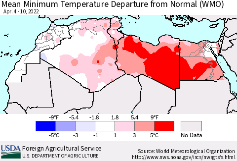 North Africa Mean Minimum Temperature Departure from Normal (WMO) Thematic Map For 4/4/2022 - 4/10/2022
