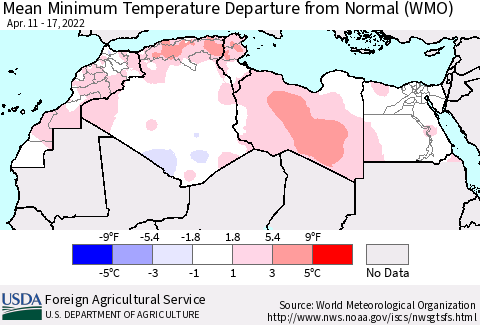 North Africa Mean Minimum Temperature Departure from Normal (WMO) Thematic Map For 4/11/2022 - 4/17/2022