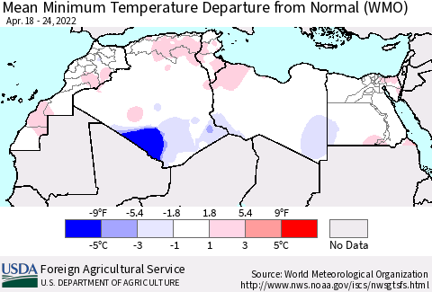 North Africa Mean Minimum Temperature Departure from Normal (WMO) Thematic Map For 4/18/2022 - 4/24/2022