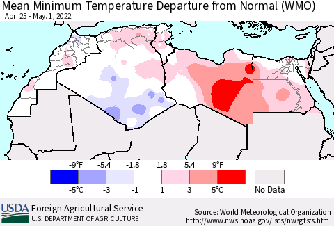North Africa Mean Minimum Temperature Departure from Normal (WMO) Thematic Map For 4/25/2022 - 5/1/2022