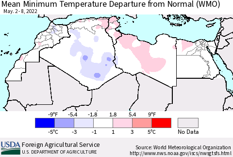 North Africa Mean Minimum Temperature Departure from Normal (WMO) Thematic Map For 5/2/2022 - 5/8/2022