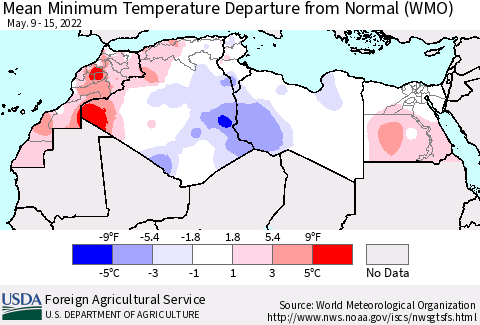 North Africa Mean Minimum Temperature Departure from Normal (WMO) Thematic Map For 5/9/2022 - 5/15/2022
