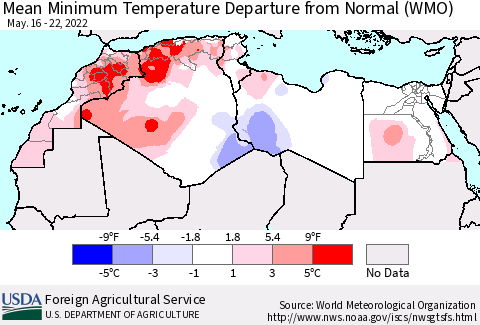 North Africa Mean Minimum Temperature Departure from Normal (WMO) Thematic Map For 5/16/2022 - 5/22/2022
