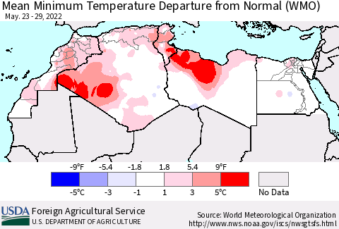 North Africa Mean Minimum Temperature Departure from Normal (WMO) Thematic Map For 5/23/2022 - 5/29/2022