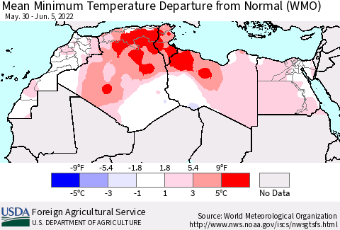 North Africa Mean Minimum Temperature Departure from Normal (WMO) Thematic Map For 5/30/2022 - 6/5/2022