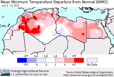 North Africa Mean Minimum Temperature Departure from Normal (WMO) Thematic Map For 6/6/2022 - 6/12/2022