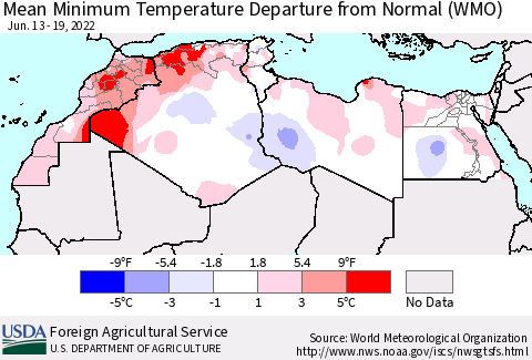 North Africa Mean Minimum Temperature Departure from Normal (WMO) Thematic Map For 6/13/2022 - 6/19/2022