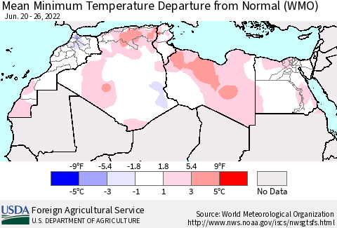 North Africa Mean Minimum Temperature Departure from Normal (WMO) Thematic Map For 6/20/2022 - 6/26/2022