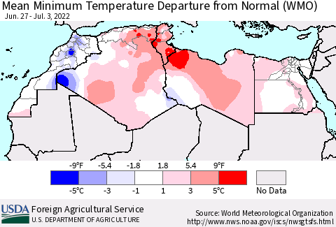 North Africa Mean Minimum Temperature Departure from Normal (WMO) Thematic Map For 6/27/2022 - 7/3/2022