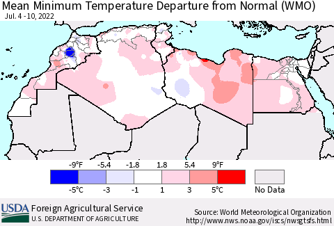 North Africa Mean Minimum Temperature Departure from Normal (WMO) Thematic Map For 7/4/2022 - 7/10/2022