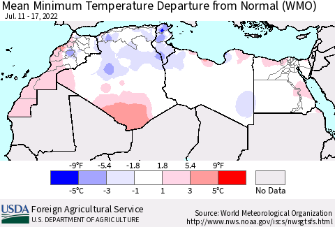 North Africa Mean Minimum Temperature Departure from Normal (WMO) Thematic Map For 7/11/2022 - 7/17/2022