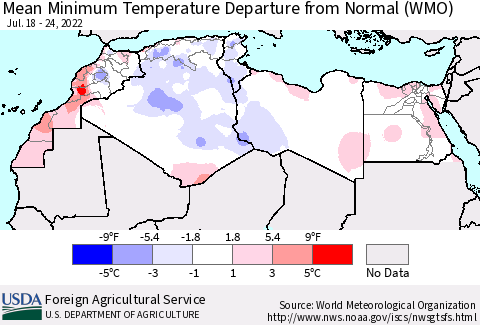 North Africa Mean Minimum Temperature Departure from Normal (WMO) Thematic Map For 7/18/2022 - 7/24/2022