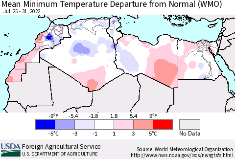 North Africa Mean Minimum Temperature Departure from Normal (WMO) Thematic Map For 7/25/2022 - 7/31/2022