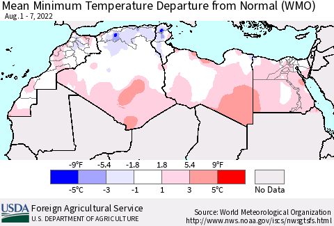 North Africa Mean Minimum Temperature Departure from Normal (WMO) Thematic Map For 8/1/2022 - 8/7/2022