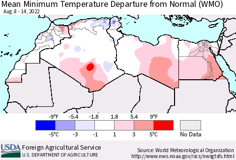North Africa Mean Minimum Temperature Departure from Normal (WMO) Thematic Map For 8/8/2022 - 8/14/2022