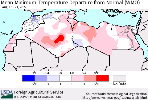 North Africa Mean Minimum Temperature Departure from Normal (WMO) Thematic Map For 8/15/2022 - 8/21/2022